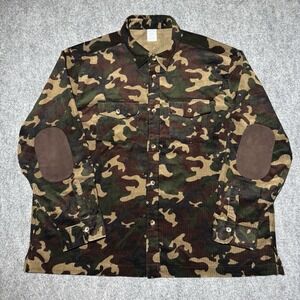 VTG Brooks Brothers Green Camo Button Up Corduroy Overshirt w Elbow Patch 2XL